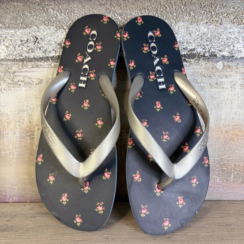 Coach FG3437 Navy Pink Floral Metallic Silver Strap Flip Flop Sandals Womens 10B